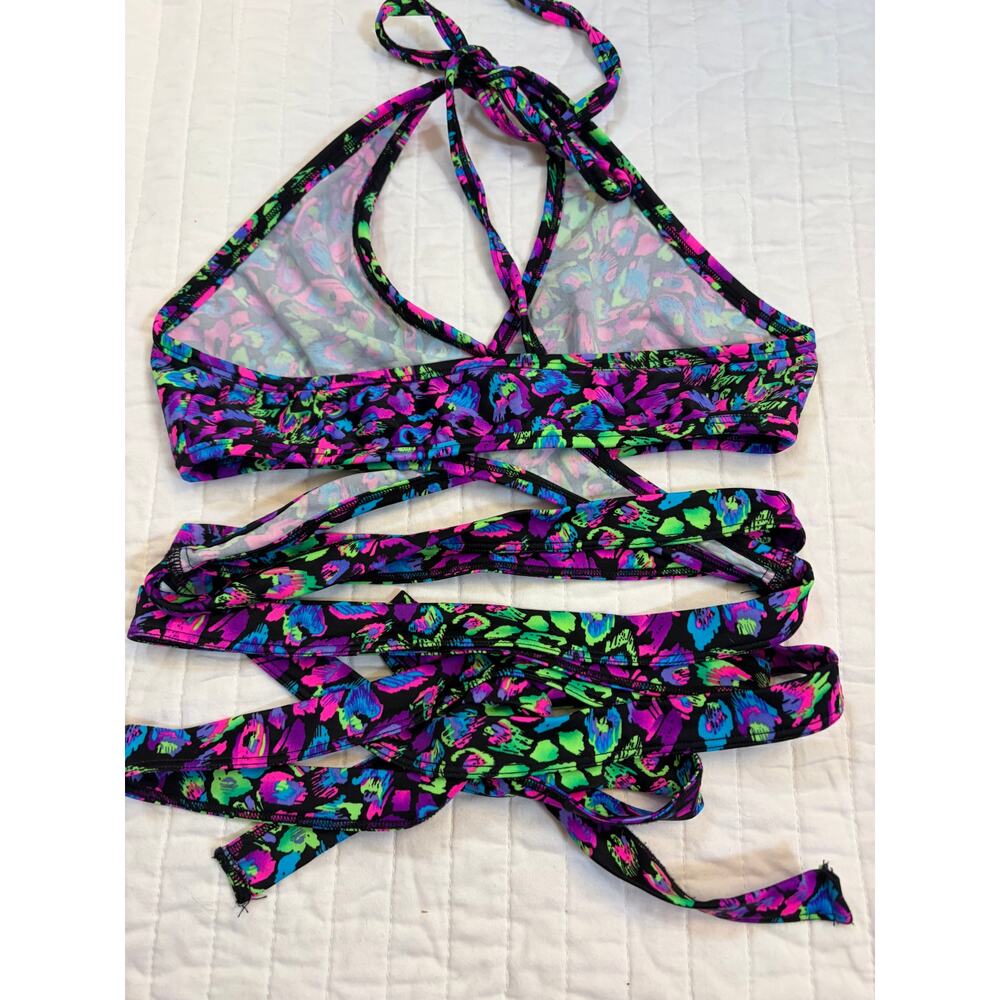 Rave Wonderland Neon Cheetah Wrap Bikini Set High Waisted Lace Up Rave Festival - Picture 5 of 7